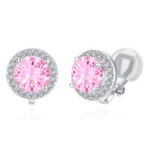 Silver with Pink Sapphire and White Diamond Cubic Zirconia Stud Clip On Earrings